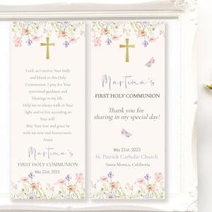 Modèle de signet de première communion fleurs sauvages, carte de prière de la Sainte Communion modifiable, faveurs de communion florale, souvenir religieux ICFC