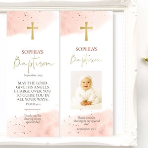 Marcador de fotos de bautismo con acuarela rosa, plantilla de tarjeta de oración de bautismo de niña editable, recuerdo religioso moderno imprimible PWB