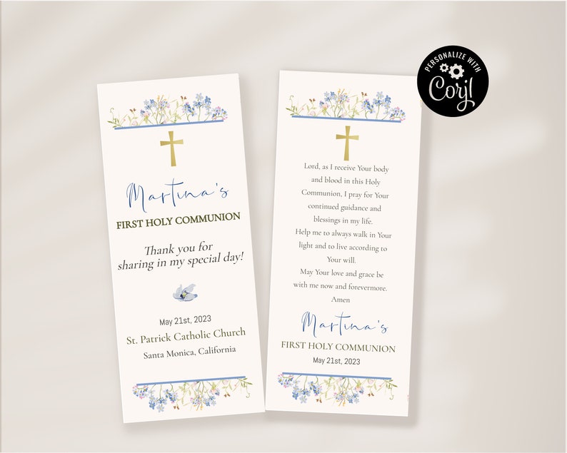 Holy Communion Bookmark Editable, Printable Floral Communion Keepsake ...