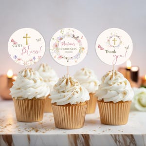 Floral Communion cupcake toppers template, Butterfly Communion cupcake labels editable, Girl Communion table decor printable,  ICFC-2