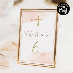 Números de mesa de bautismo de acuarela rosa, decoración moderna del número de mesa de bautismo, plantilla de tarjeta de colocación de bautizo rosa, plantilla de bautismo PWB