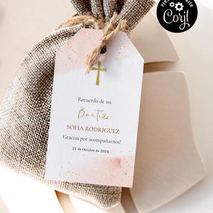Mi Bautizo Favor Tags en español,  Recuerdo de Mi Bautizo para niña, Spanish Pink baptism labels printable, bautizo guest gift tags PWBE