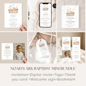 May include: A collection of baptism-themed stationery featuring a Noah's Ark illustration. Includes invitations, a digital invite, tags, thank you cards, a welcome sign, and bookmarks. The design incorporates soft watercolor tones and a cross.