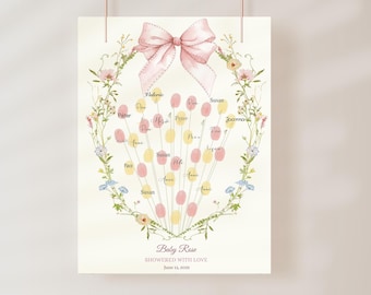 Roze bloemen babyshower gastenboek, vingerafdruk aandenken (digitale download)