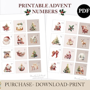 Printable Advent calendar numbers, Christmas DIY calendar numbers, Christmas numbers instant download, December daily countdown tags SCCC