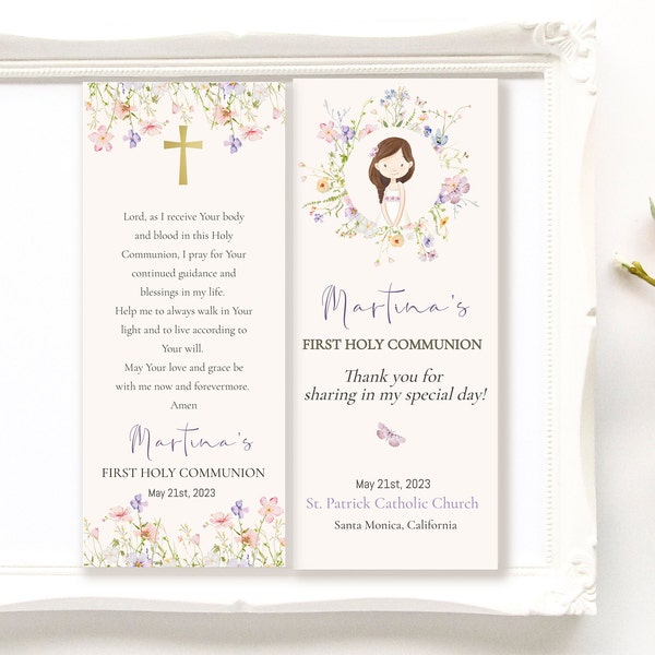 Girl First Communion bookmark template, Wildflower Holy Communion prayer card editable, Floral Communion Keepsake printable, ICFC