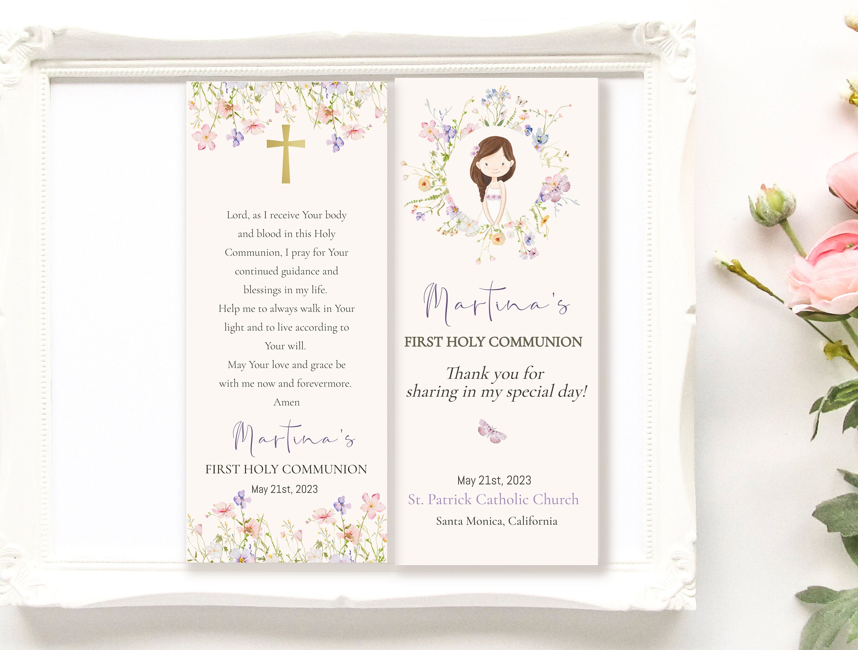 Girl First Communion Bookmark Template, Wildflower Holy Communion ...