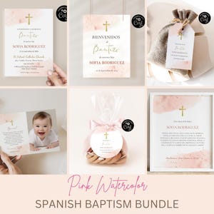 Spanish Baptism bundle template, Pink baptism set in Spanish, "Mi bautizo" kit imprimible, Pink Watercolor Baptism bundle en Español PWBE