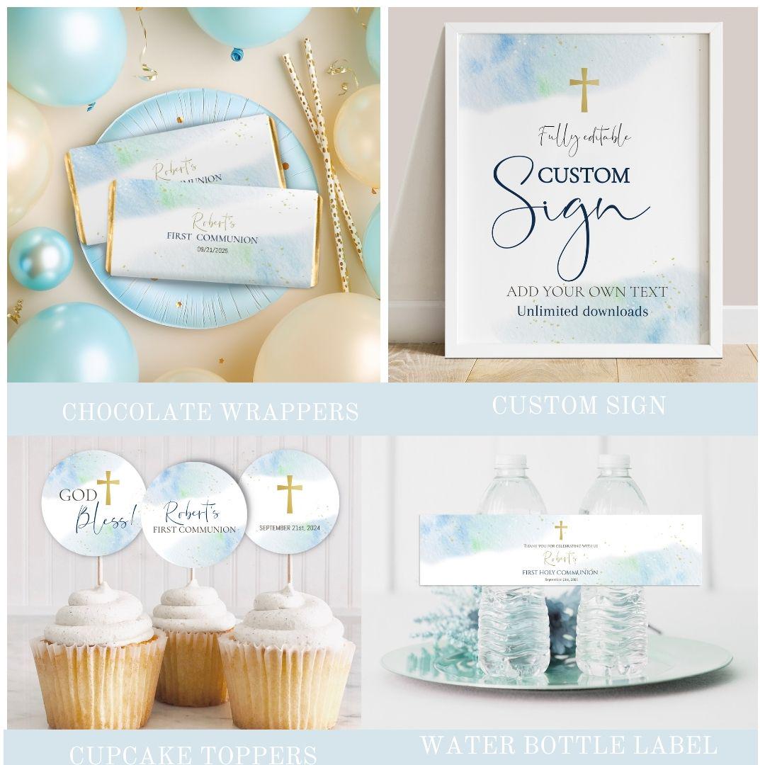 Blue Watercolor First Communion Bundle Template, Modern First Communion ...