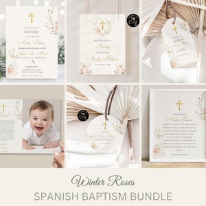 Editable Spanish Baptism invitation bundle, Winter baptism set en español, "Mi bautizo" bundle printable, Pale roses Baptism bundle WRBE