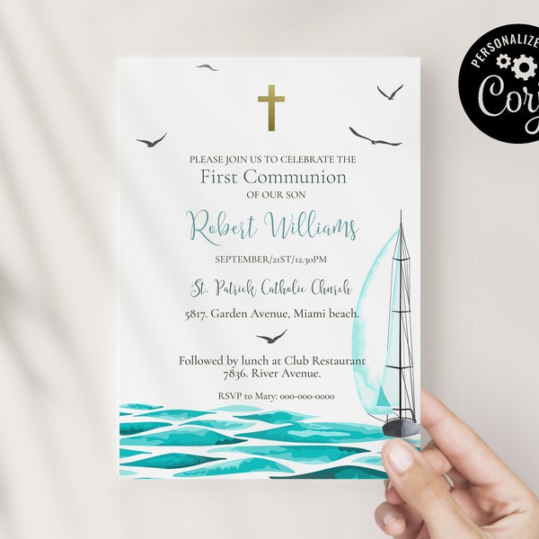 Nautical First Communion invitation template, blue watercolor boy Communion invite, gold cross instant download invitation card.