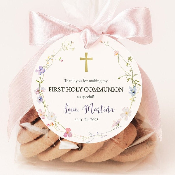 Editable Wildflower Communion favor tag template, girl Holy Communion guest gift labels printable, Floral Communion thank you tags ICFC