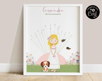 May include: A white frame with a white background and a pink and green floral border. The center of the frame features a girl with blonde hair wearing a white dress and holding a bouquet of flowers. A brown and white dog is sitting next to her. The text "Cassandra First Holy Communion" is at the top of the frame.