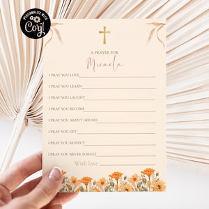 Tarjeta de oración de bautismo de girasol editable, oraciones para la plantilla de tarjeta de bebé, deseos de bautismo de otoño para el bebé, tarjetas de bendición de bautismo de otoño SFB