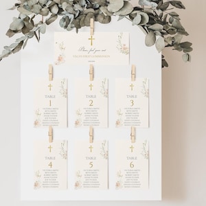 Modèle de cartes de table fille première communion, cartes de table de communion de roses d'hiver modifiables, décor de table religieux floral WRFC