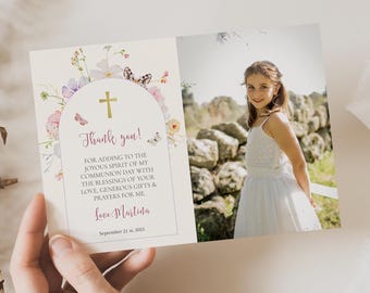 Editable Holy Communion thank you card, Floral Communion photo thank you card for girl, butterfly religious thank you note template ICFC-2