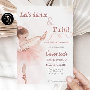 Ballerina-Geburtstags-Einladung für Mädchen bearbeitbare rosa Tanz- & Twirl-Party einladen Vorlage Ballett-Thema laden druckbare niedliche Ballerina-Karte ein