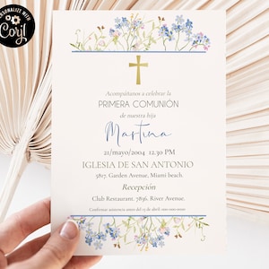 Invitación de Primera Comunión editable, Spanish floral Holy Communion Invitation for girl, Invitación Comunión niña en español  ICFC
