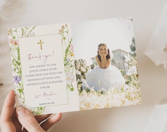 Editable Communion photo thank you card, Girl First Communion  thank you card template, Wildflower appreciation card printable ICFC-3