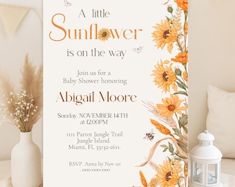 Invito per baby shower a tema girasole: floreale autunnale modificabile (download digitale)