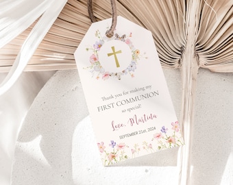Wildflower First Communion favor tags, Holy Communion gift tag template, My First Communion Girl, Religious thank you labels ICFC-2