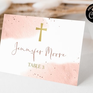 Roze aquarel doopplaatskaartsjabloon, stoffige roze religieuze naamkaart bewerkbaar, meisjesdooptafel stoelkaart afdrukbare PWB