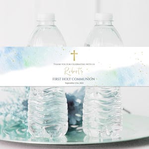 Blue Watercolor Communion Water Bottle Label Template (Digital Download)