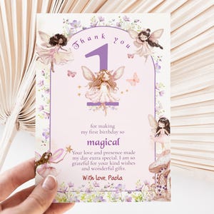 Fairy eerste verjaardag bedankkaartsjabloon, bewerkbare Enchanted Garden party bedankkaart, grillige 1e verjaardag dankbaarheidskaart OFTFB
