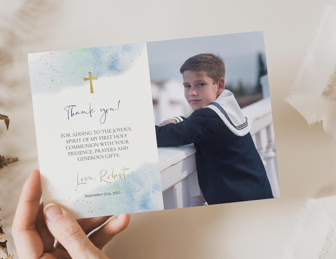 Modern First Communion Photo Thank You Card Template, First Communion ...