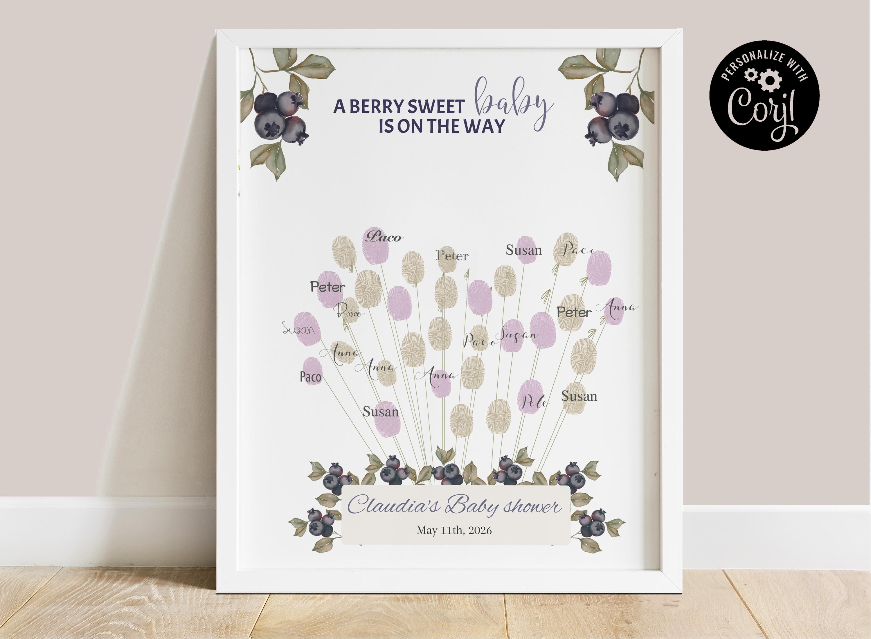 ブルーベリーベビーシャワー指紋ゲストブック、編集可能な記念品（印刷可能） - Etsy 日本 Jecor ベビーシャワーゲストブック クラウドサイン  ベビーシャワーゲストブックの代替品 象、フクロウ、アヒル、テディベア、バニー, image size:3000x2201