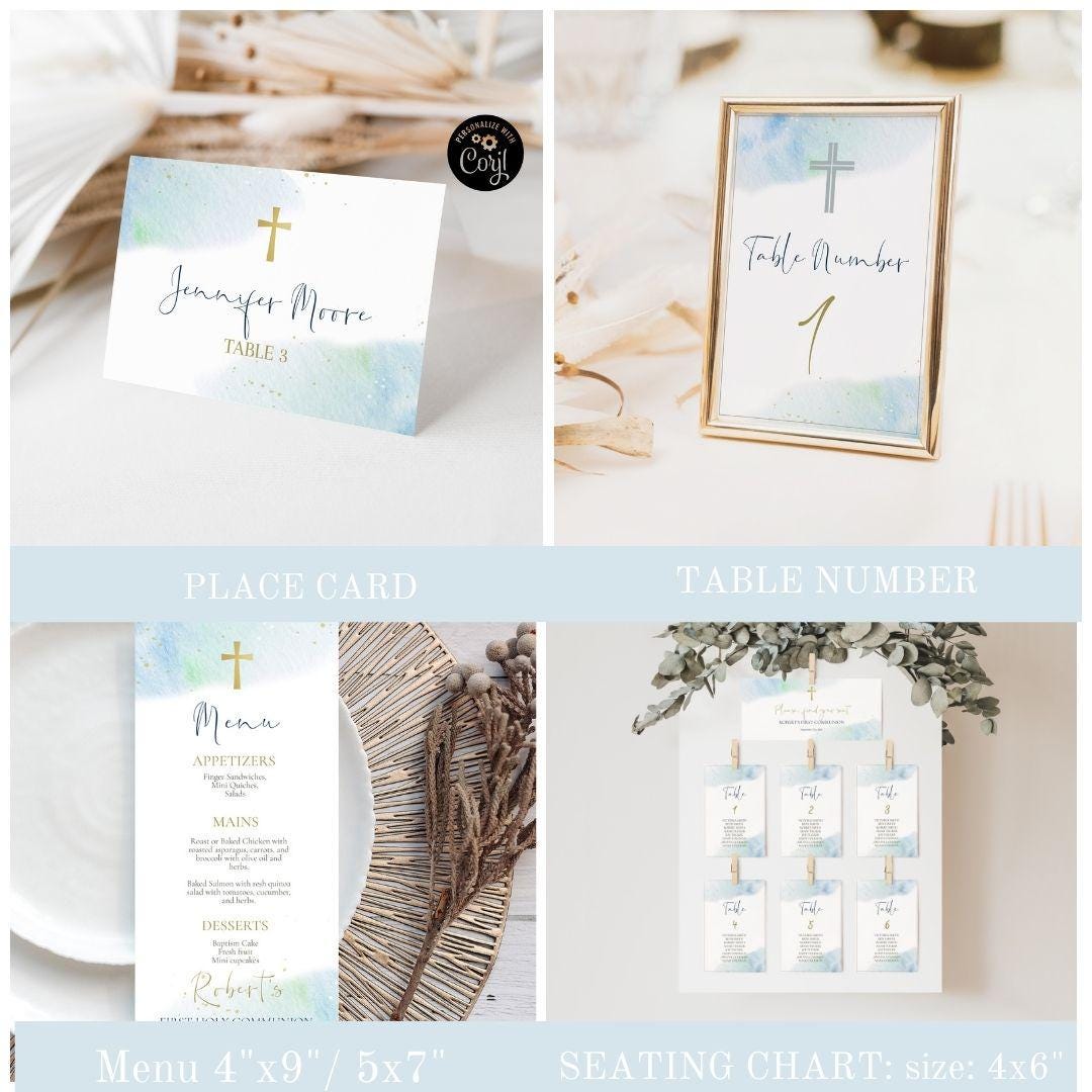 Blue Watercolor First Communion Bundle Template, Modern First Communion ...