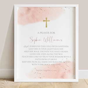 Editable Baptism prayer sign for girl, modern pink Christening prayer sign template, Pink watercolor baptism sign 8x10&quot;  printable  PWB