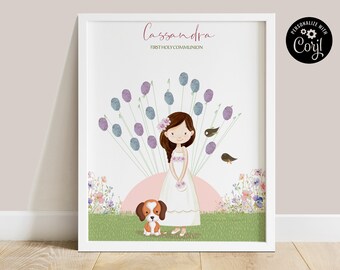 May include: A white frame with a white background and a girl in a white dress with a pink sash and a bouquet of flowers. The girl is standing with a brown and white dog. The background has a pink and green landscape with purple and blue flowers. The text "Cassandra First Holy Communion" is at the top of the frame.