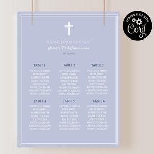Plantilla de tarjetas para el plano de asientos de la Primera Comunión. Elegante plano de asientos de Comunión editable. Decoración de mesa de Comunión azul polvoriento imprimible DBFC