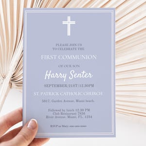 Invitación editable para la primera comunión de un niño, plantilla de invitación de comunión moderna en azul, invitación imprimible de primera comunión en azul polvoriento DBFC