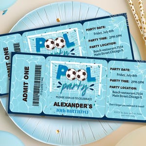 May include: Blue and white ticket invitation for a pool party with the text "Pool Party" and "Alexander's 10th Birthday".