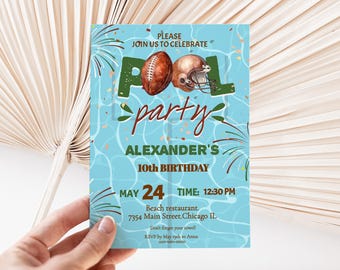 May include: A blue and green pool party invitation with a football and helmet graphic. The text reads "Please join us to celebrate Pool Party Alexander's 10th Birthday May 24 Time: 12:30 PM Beach restaurant. 7354 Main Street. Chicago IL Don't forget your towel! RSVP by May 19th to Anna 000-000-0000"
