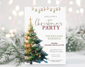 May include: A Christmas party invitation with a watercolor illustration of a decorated Christmas tree. The invitation includes the text "Join us for a Christmas Party", "The William's Residence", "Saturday, December 16th at 2:00 P.M.", "7354 Main street, Chicago, IL.123456", "RSVP to Anna: 000-000-0000", and "Please bring a present to share under 258".