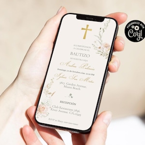 Elektronische uitnodiging Spaanse doop, bewerkbare wilde bloemen Doop Evite, Mi bautizo Invitación para móvil, invitación bautizo Español WRBE