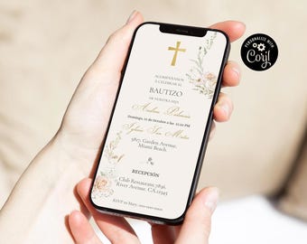 Spanska dopet Elektronisk inbjudan, redigerbar vildblomma Baptism Evite, Mi bautizo Invitación para móvil, invitación bautizo Español WRBE