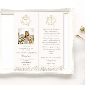 Wildflower First Communion bookmark in Spanish, Communion prayer card  editable, Communion keepsake, Recuerdo Mi Primera Comunión, ICFC-5E