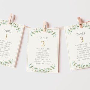 Cartões de assentos de batismo com vegetação, cartões de mesa de batismo botânico editáveis, decoração de mesa de batismo clássica para impressão, BGAB
