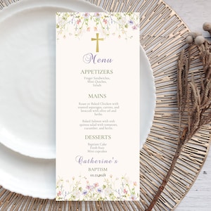 Menú de bautismo de flores delicadas editable, plantilla de menú de bautizo de flores silvestres, menú religioso de acuarela floral imprimible, decoración de bautismo ICB