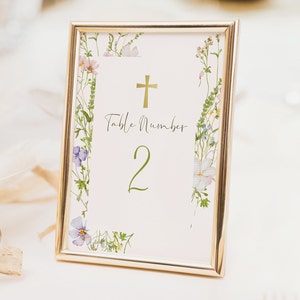 Erstkommunion Tischnummer bearbeitbar, Floral Holy Kommunion Tischkarten Vorlage, Wildflower Girl Holy Kommunion Tischdekoration IFCFC-3
