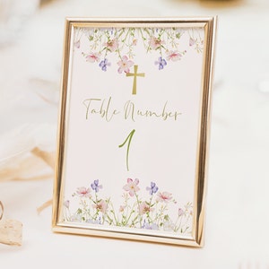 Bearbeitbare Wildblumen Erstkommunion-Tischnummer, Blumen Kommunion-Tischnummer druckbar, florale religiöse Tischdekoration Vorlage ECFC