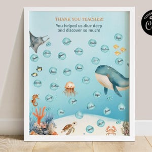 Póster imprimible de agradecimiento a los profesores bajo el mar, arte con huellas dactilares de animales del océano, letrero de agradecimiento para profesores, regalos editables para profesores de niños