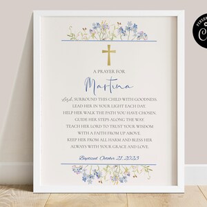 Editable Wildflower baptism prayer sign 8x10&quot;, blue flowers personalized baptism prayer sign, floral religious sign, baptism decor BICB