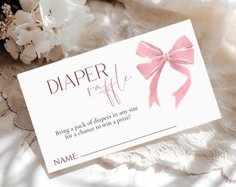 Karta do losowania pieluszek z różową kokardką, gra na baby shower dla dziewczynek PRBS (do pobrania w wersji cyfrowej)