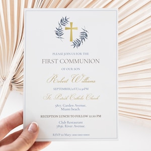 Invitación de primera comunión con hojas azules para imprimir, plantilla de invitación de primera comunión azul moderna, invitación de comunión de niño editable BFC-03