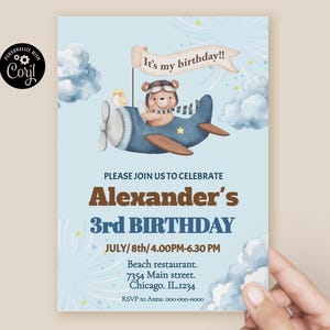Faire-part d'anniversaire ours en peluche pour garçons Invitation de fête modifiable aquarelle ours en avion modèle Carte de fête ours aviateur